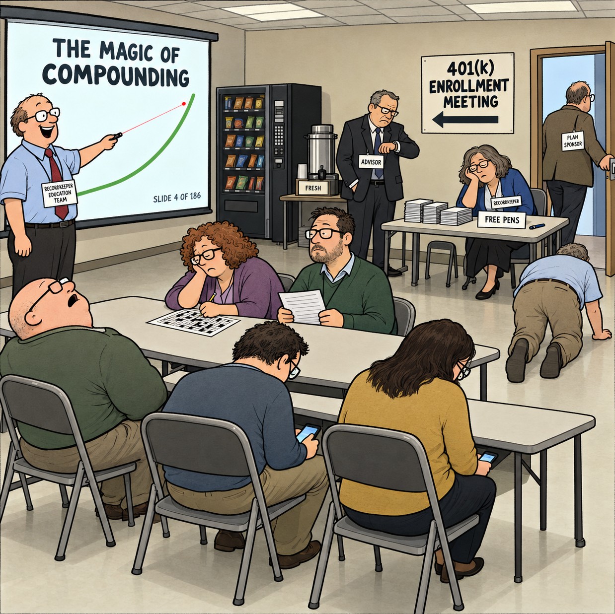Single-panel cartoon of a 401(k) enrollment meeting in a break room. A cheerful recordkeeper presenter points at a slide titled 'The Magic of Compounding,' slide 4 of 186. The audience is asleep, on phones, doing a crossword, or crawling toward the exit. The advisor checks his watch, the recordkeeper rep dozes beside a 'Free Pens' sign with one pen, and the plan sponsor is slipping out the door. A man in the front row has a beard down to his belt, a cobweb joins two chairs, torn calendar pages pile on the floor, and a houseplant has grown across the ceiling.