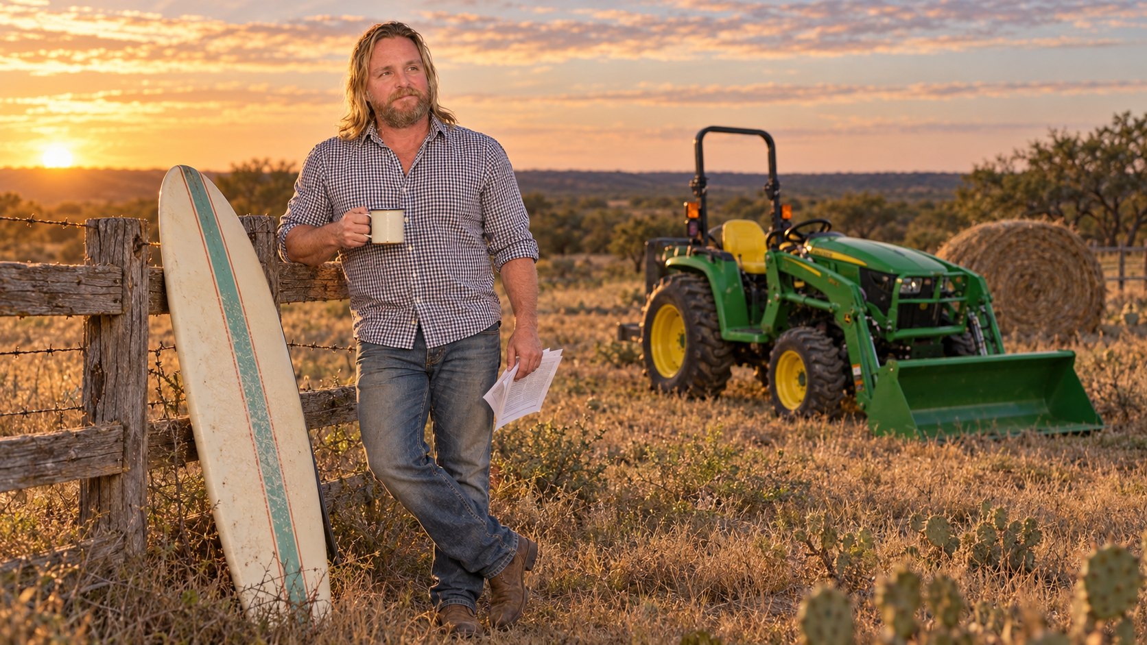 J.D. Carlson with a surfboard leaning against a ranch fence, tractor in the background