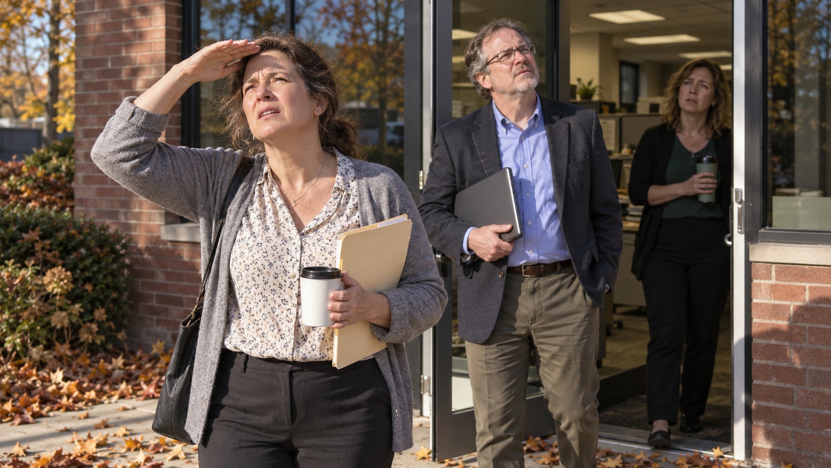 Three exhausted plan administrators emerge from an office into autumn sunlight; the woman in front shields her eyes while holding coffee and a file.